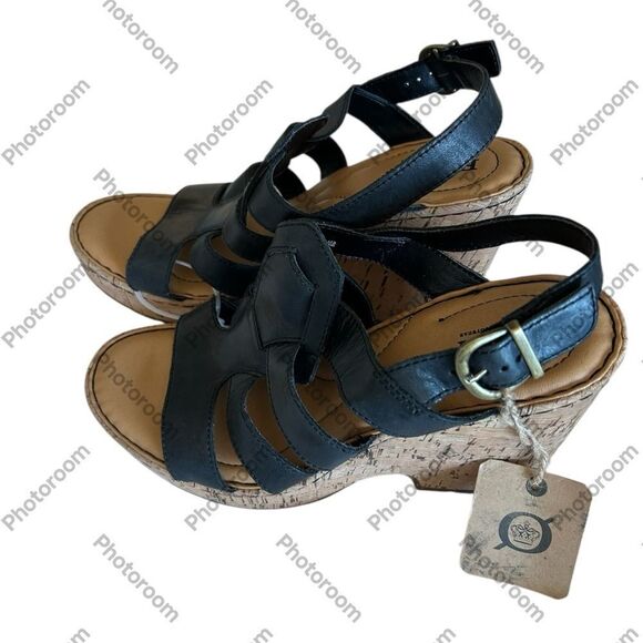 BORN Ankle Strap Sandals Wedge Cork Heels, Black, Size 10,NWT no box - Picture 1 of 9
